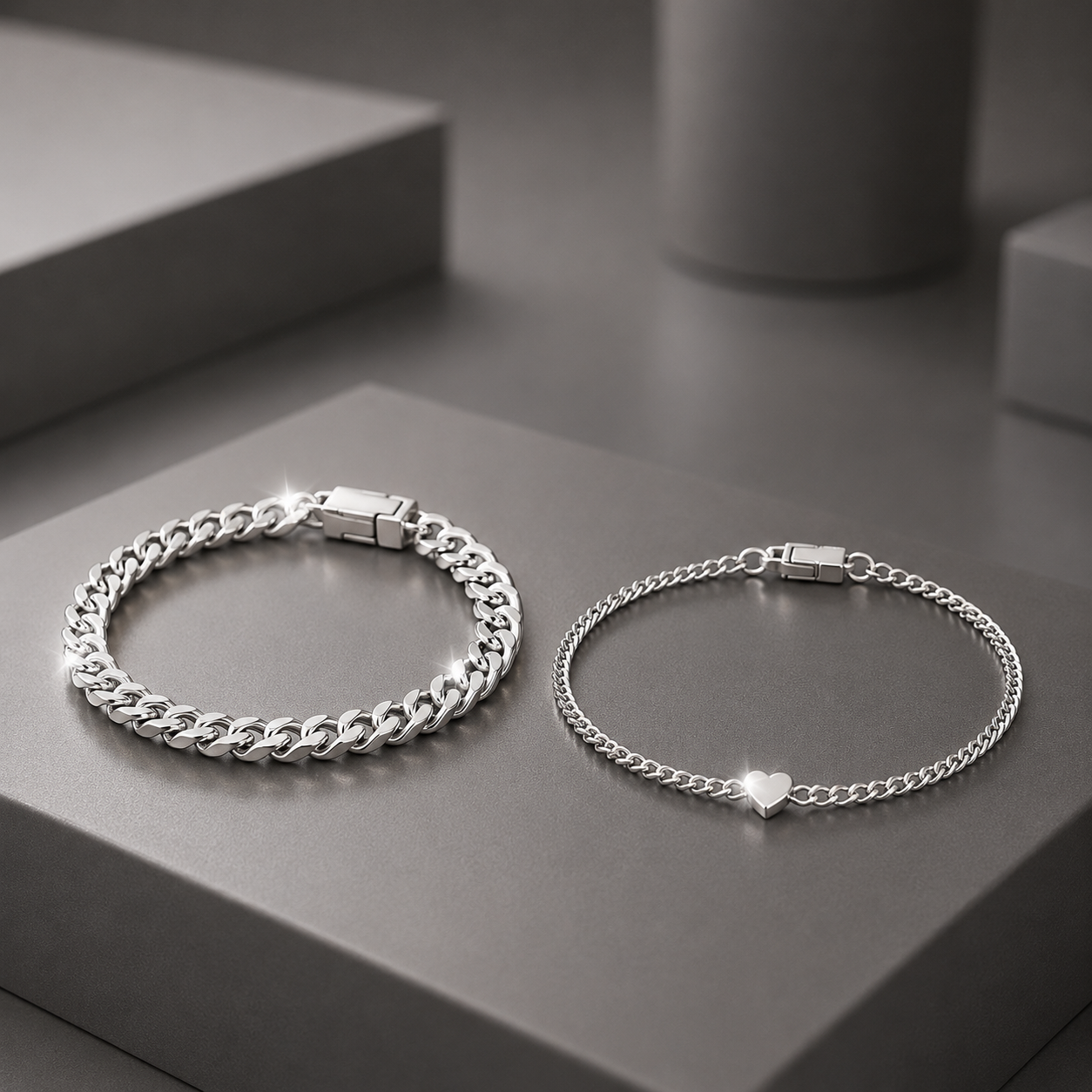2PCS Sterling Silver Crystal Heart Couple Bracelet Set