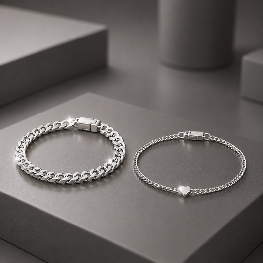 2PCS Sterling Silver Crystal Heart Couple Bracelet Set