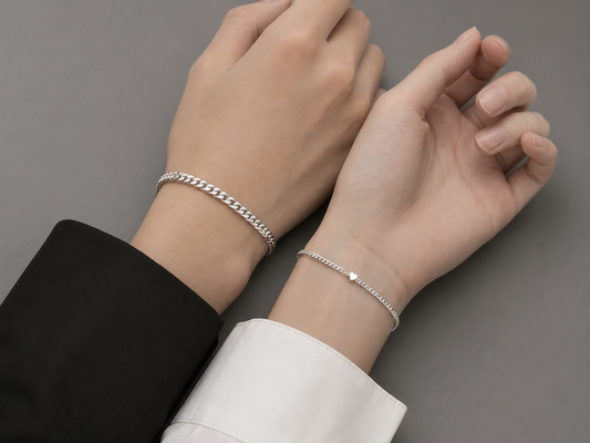 2PCS Sterling Silver Crystal Heart Couple Bracelet Set
