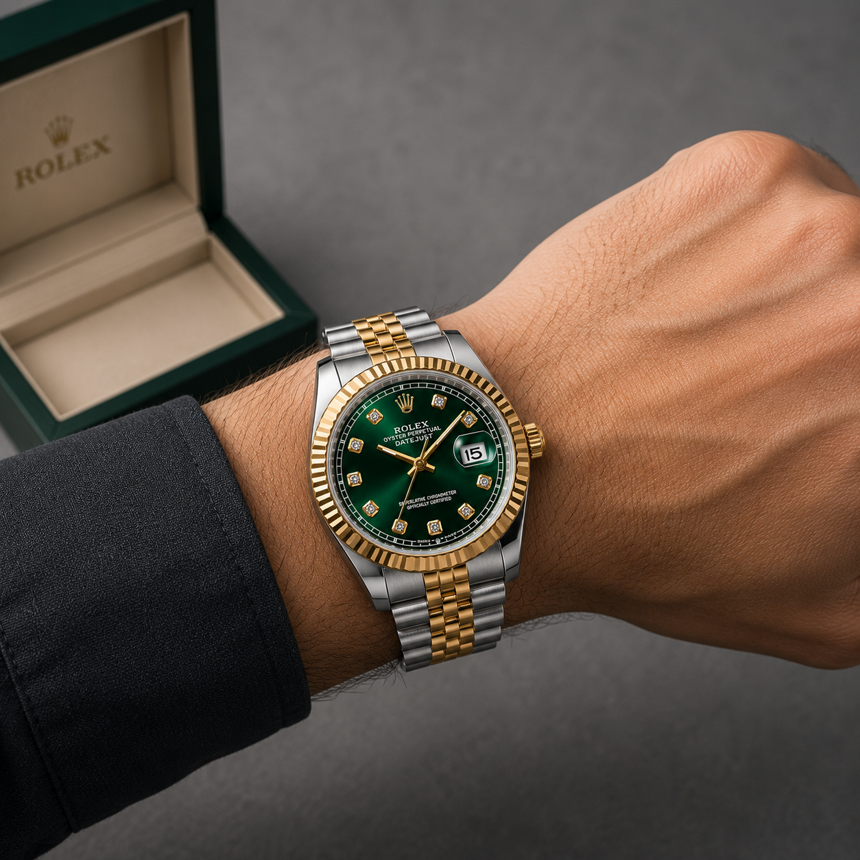 Luxury green dail two tone watch